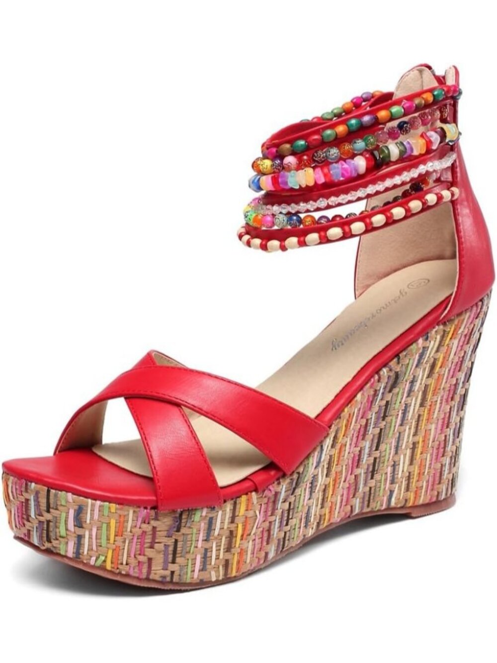 Women's Red Stylish Pearls Across the Top Platform Wedge High Heels Sandals